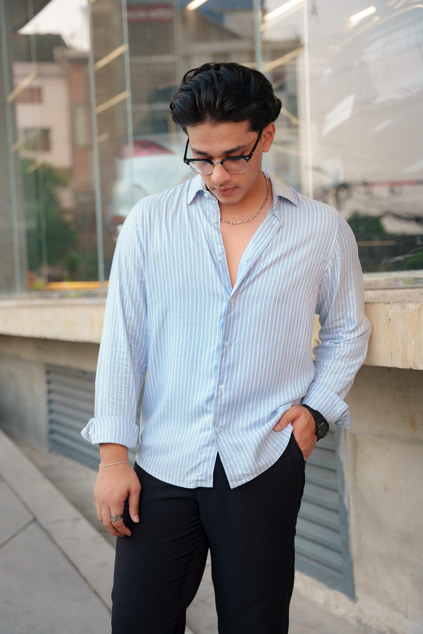 Light Blue Stripe Long Sleeve Shirt For Men