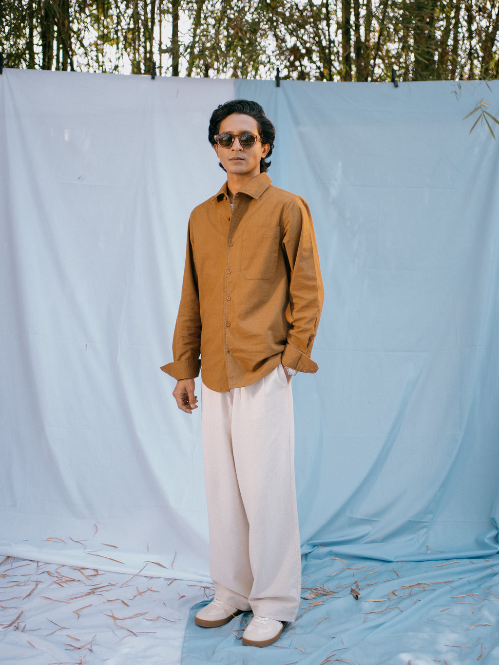 The European Collar - Linen Effect - Long Sleeve Shirt For Men - Warm Brown