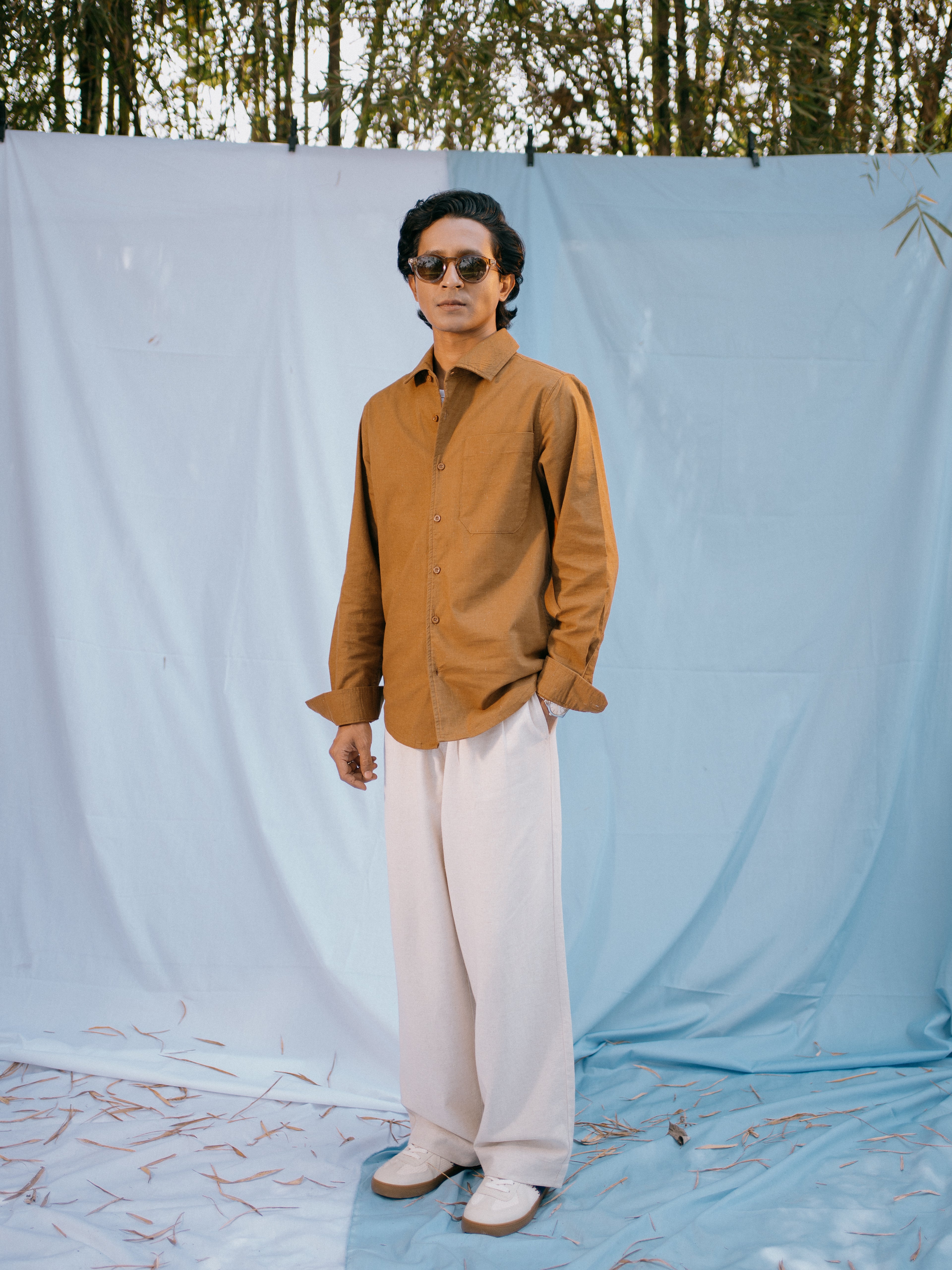 The European Collar - Linen Effect - Long Sleeve Shirt For Men - Warm Brown