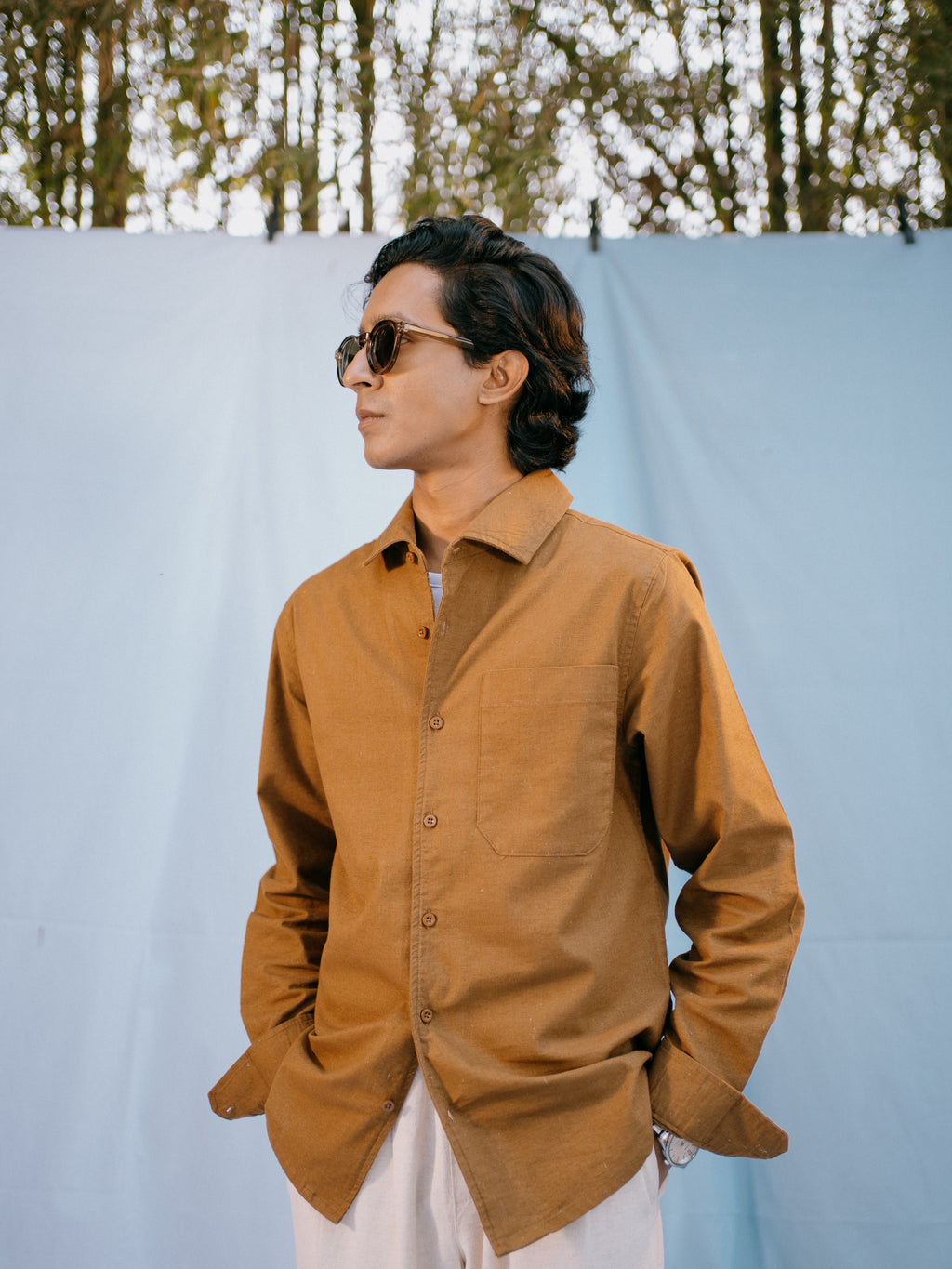 The European Collar - Linen Effect - Long Sleeve Shirt For Men - Warm Brown