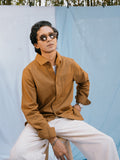 The European Collar - Linen Effect - Long Sleeve Shirt For Men - Warm Brown