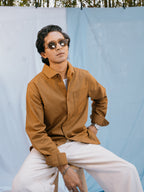 The European Collar - Linen Effect - Long Sleeve Shirt For Men - Warm Brown