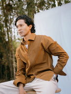 The European Collar - Linen Effect - Long Sleeve Shirt For Men - Warm Brown