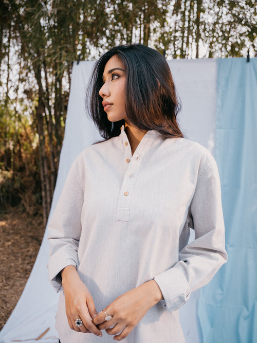Linen Effect Henley - Light Grey - Unisex
