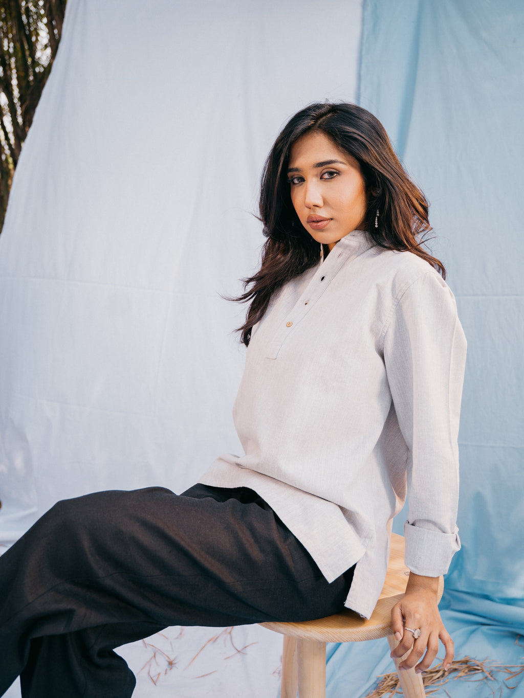 Linen Effect Henley - Light Grey - Unisex