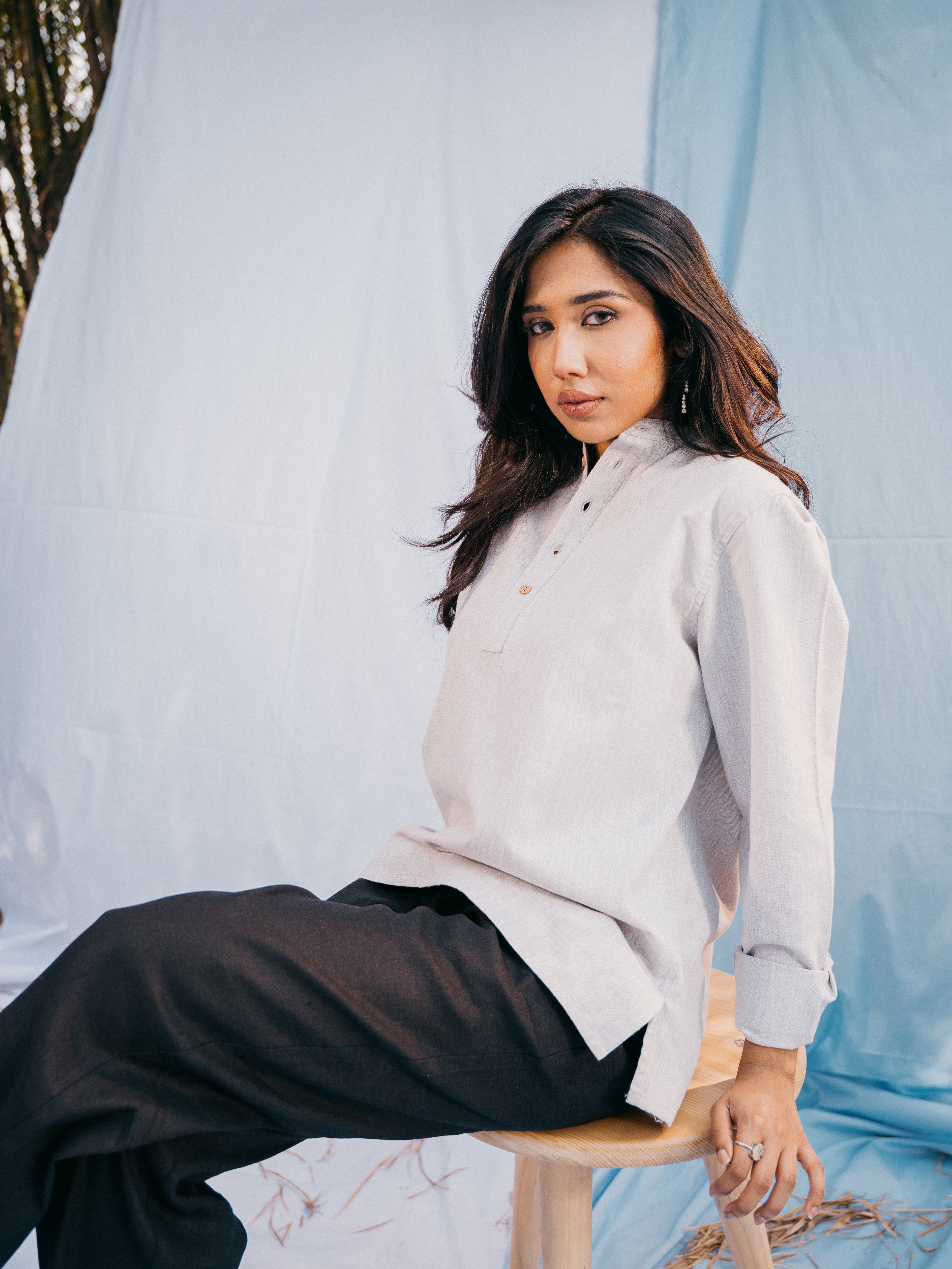 Linen Effect Henley - Light Grey - Unisex