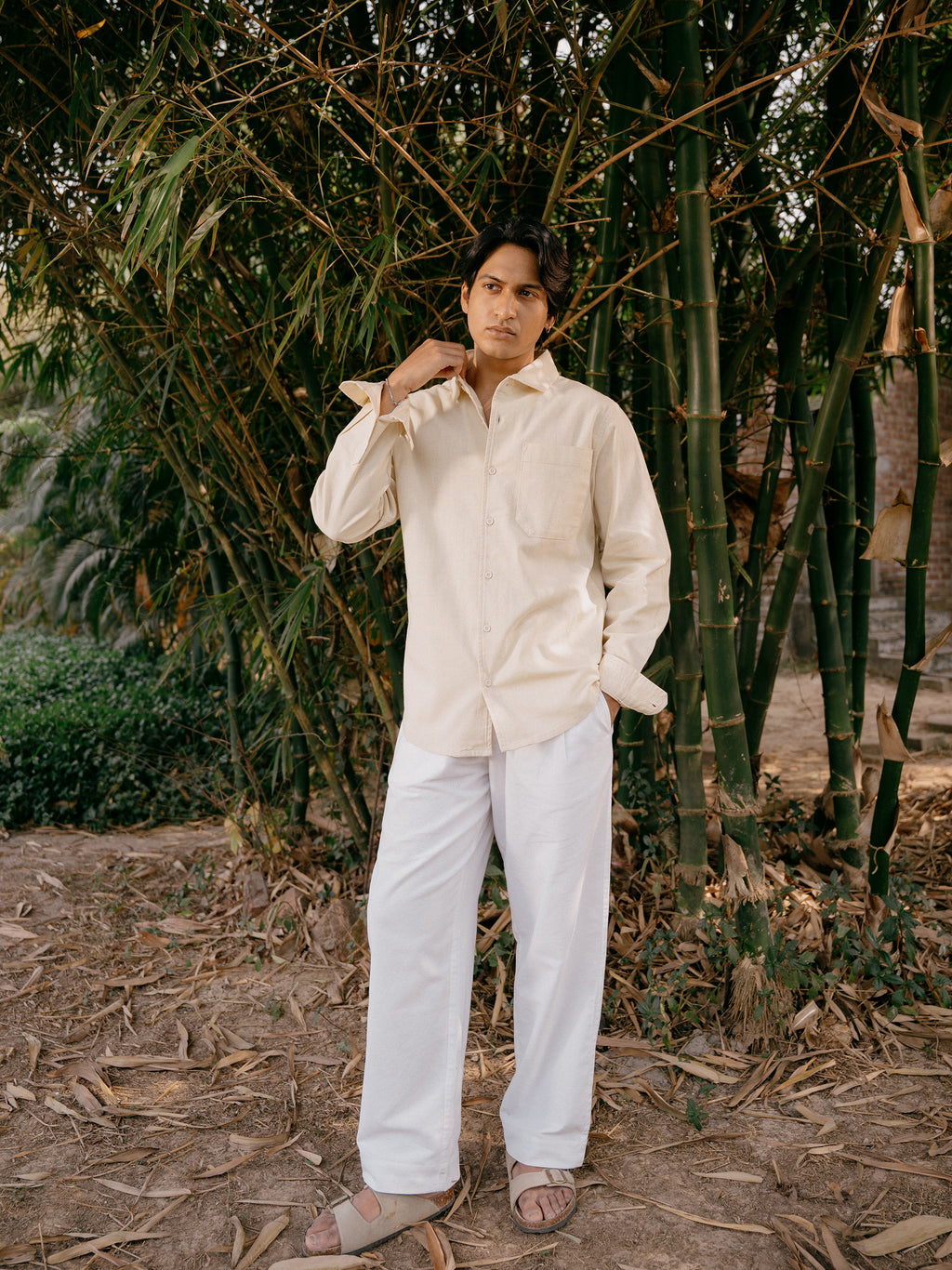 পুরুষদের জন্য লম্বা হাতা শার্ট - জলপাই সাদা স্ট্রাইপ 