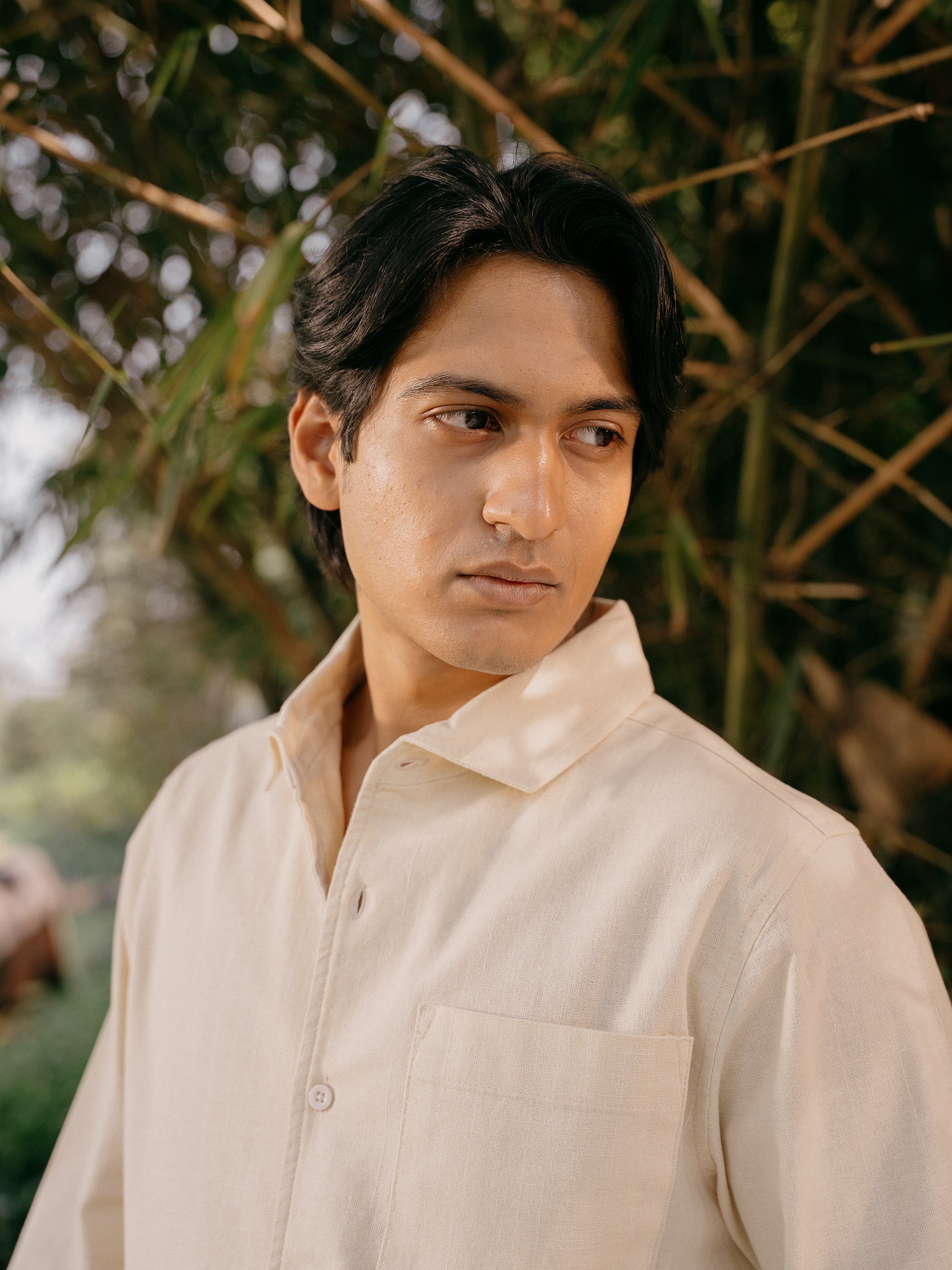 পুরুষদের জন্য লম্বা হাতা শার্ট - জলপাই সাদা স্ট্রাইপ 