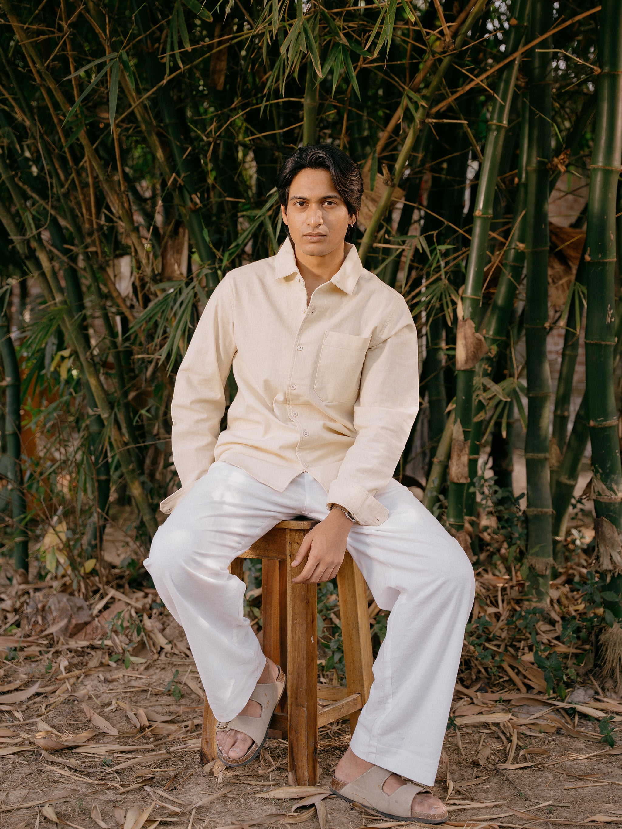 The European Collar - Linen Effect - Long Sleeve Shirt For Men - Butter Yellow