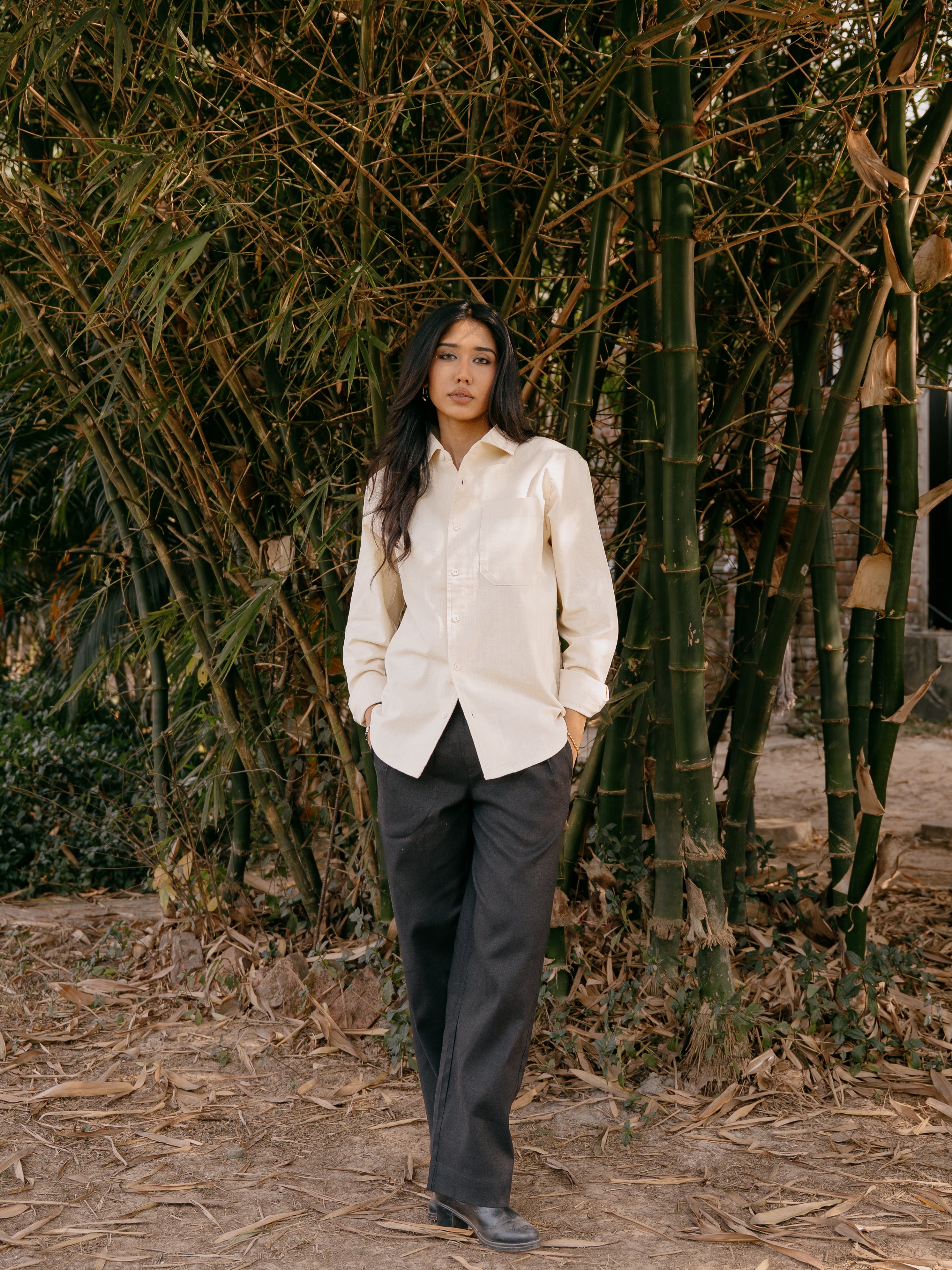 The European Collar - Linen Effect - Long Sleeve Shirt - Butter Yellow - Unisex