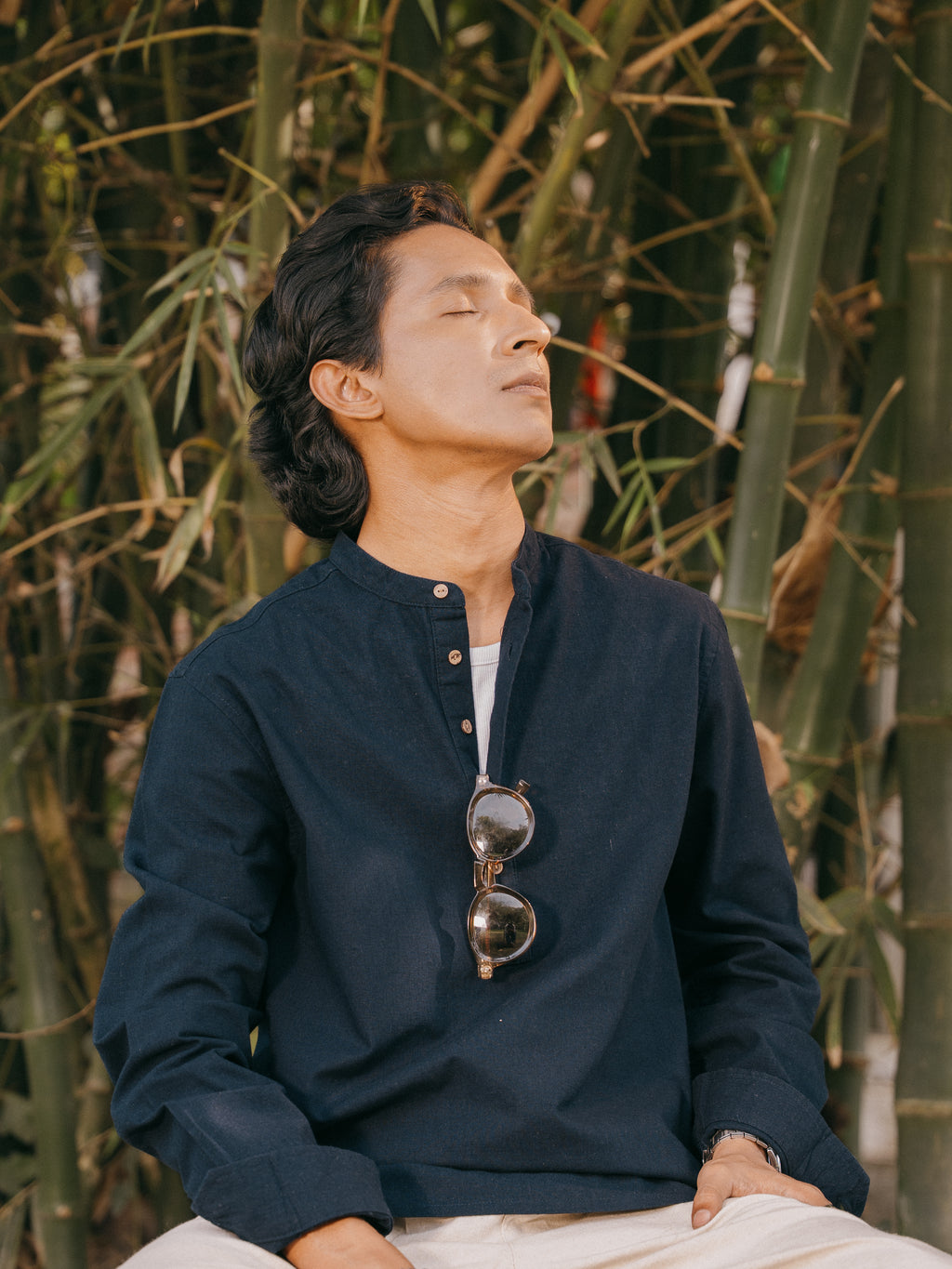 Linen Henley Katua For Men - Deep Navy