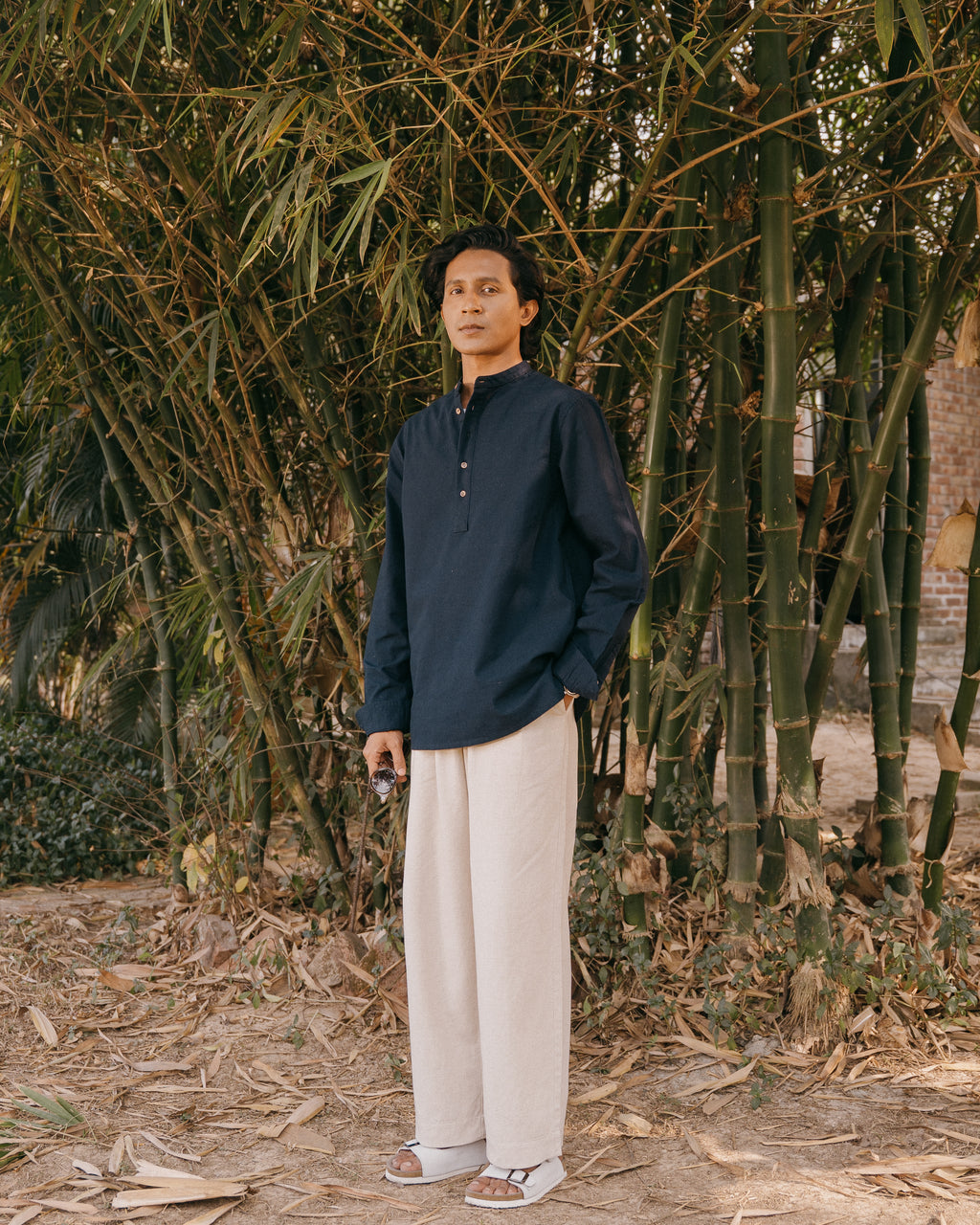 Linen Henley Katua For Men - Deep Navy