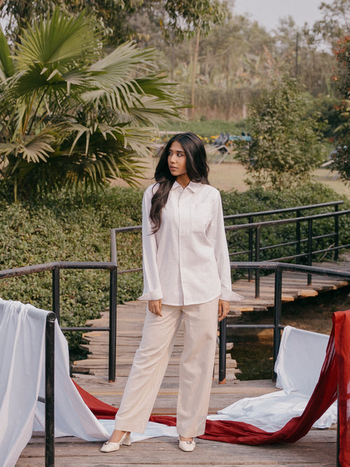 The European Collar - Linen Effect - Long Sleeve Shirt - White - Unisex