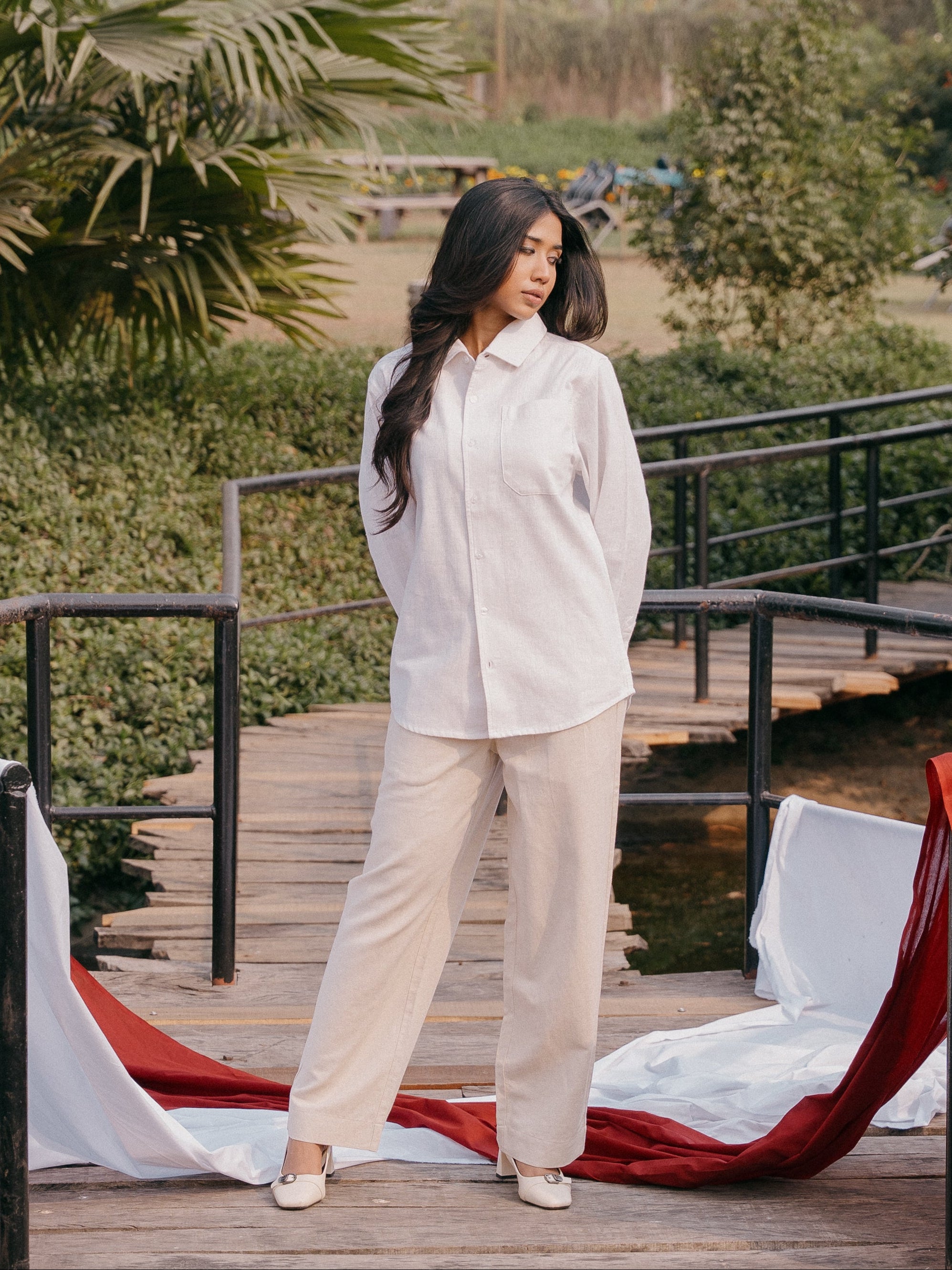 The European Collar - Linen Effect - Long Sleeve Shirt - White - Unisex