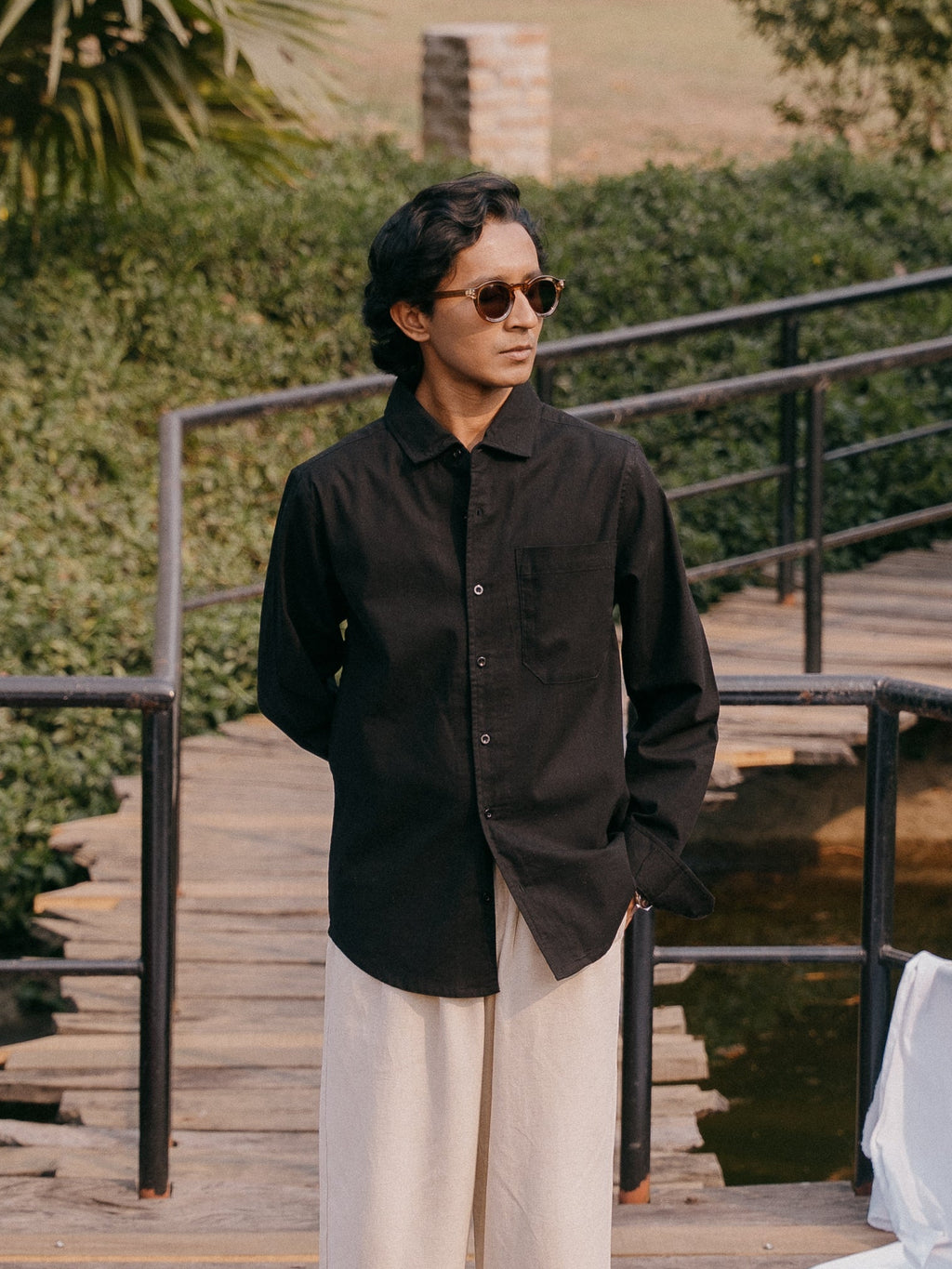 The European Collar - Linen Effect -  Long Sleeve Shirt For Men - Black