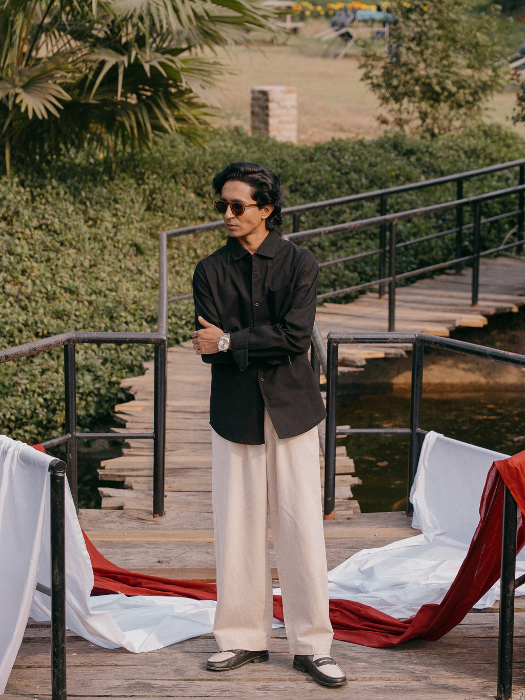 The European Collar - Linen Effect -  Long Sleeve Shirt For Men - Black