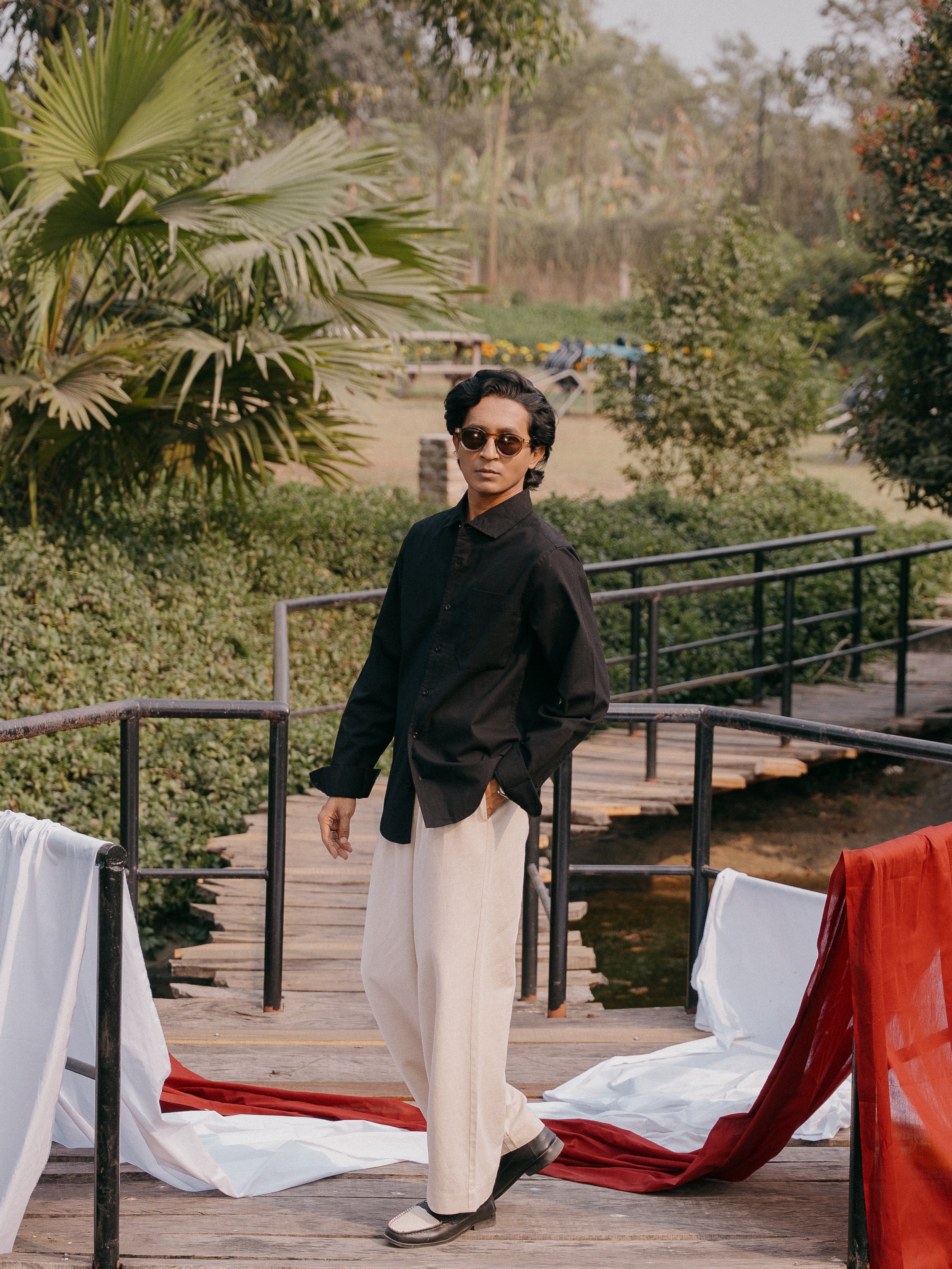 The European Collar - Linen Effect -  Long Sleeve Shirt For Men - Black