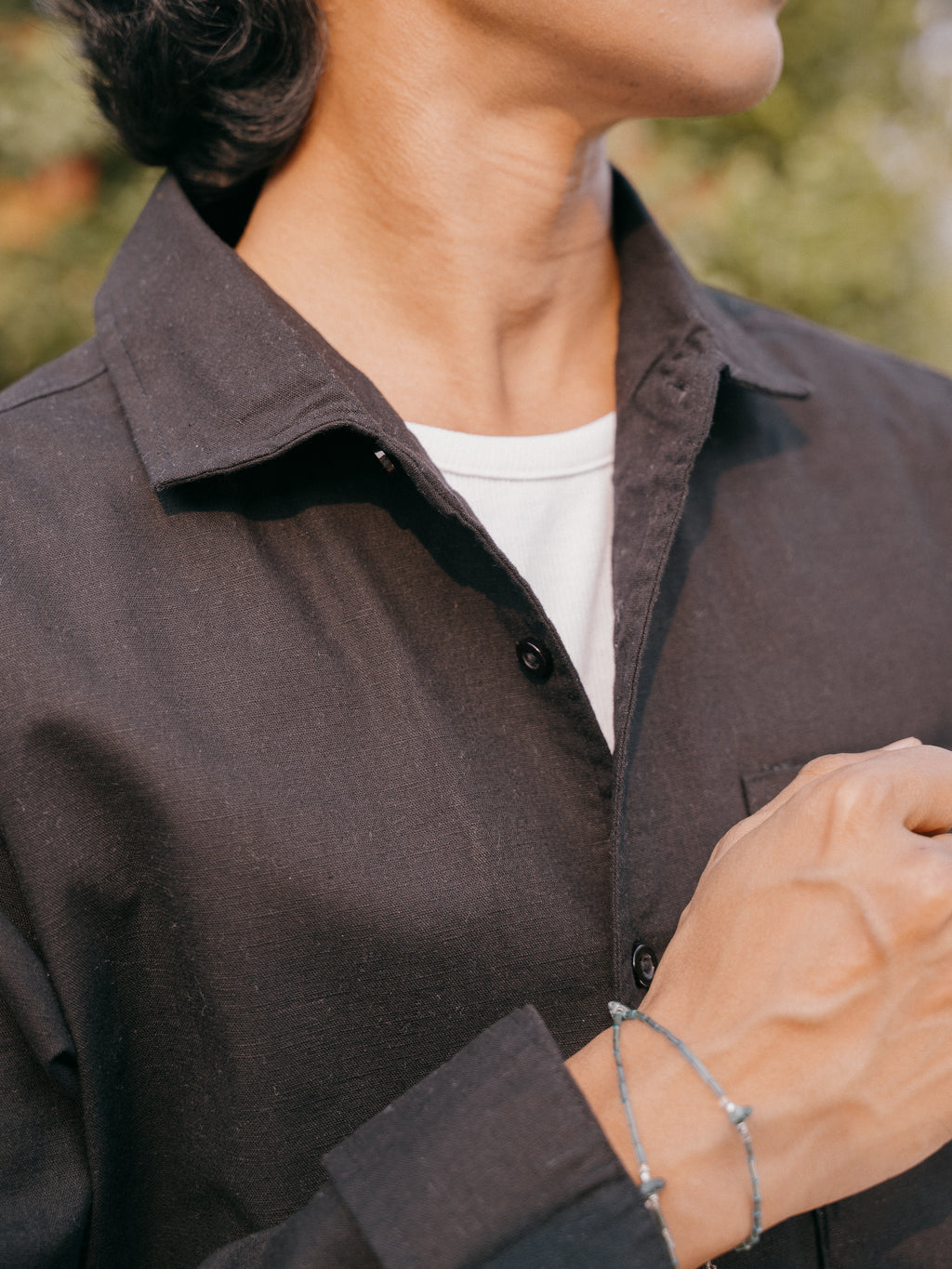 The European Collar - Linen Effect -  Long Sleeve Shirt For Men - Black