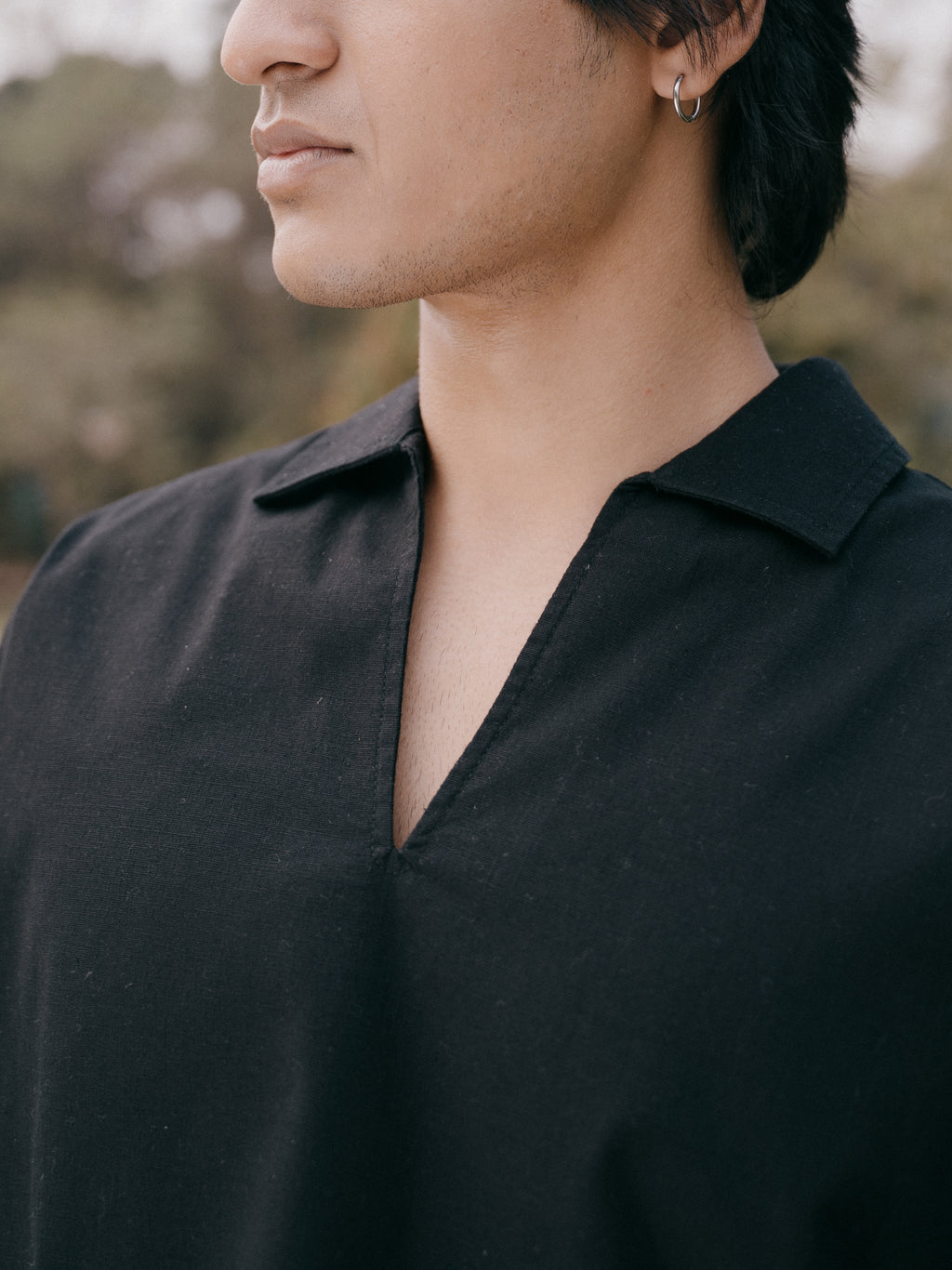 The Amalfi Shirt - Linen Effect V-Placket For Men  - Black