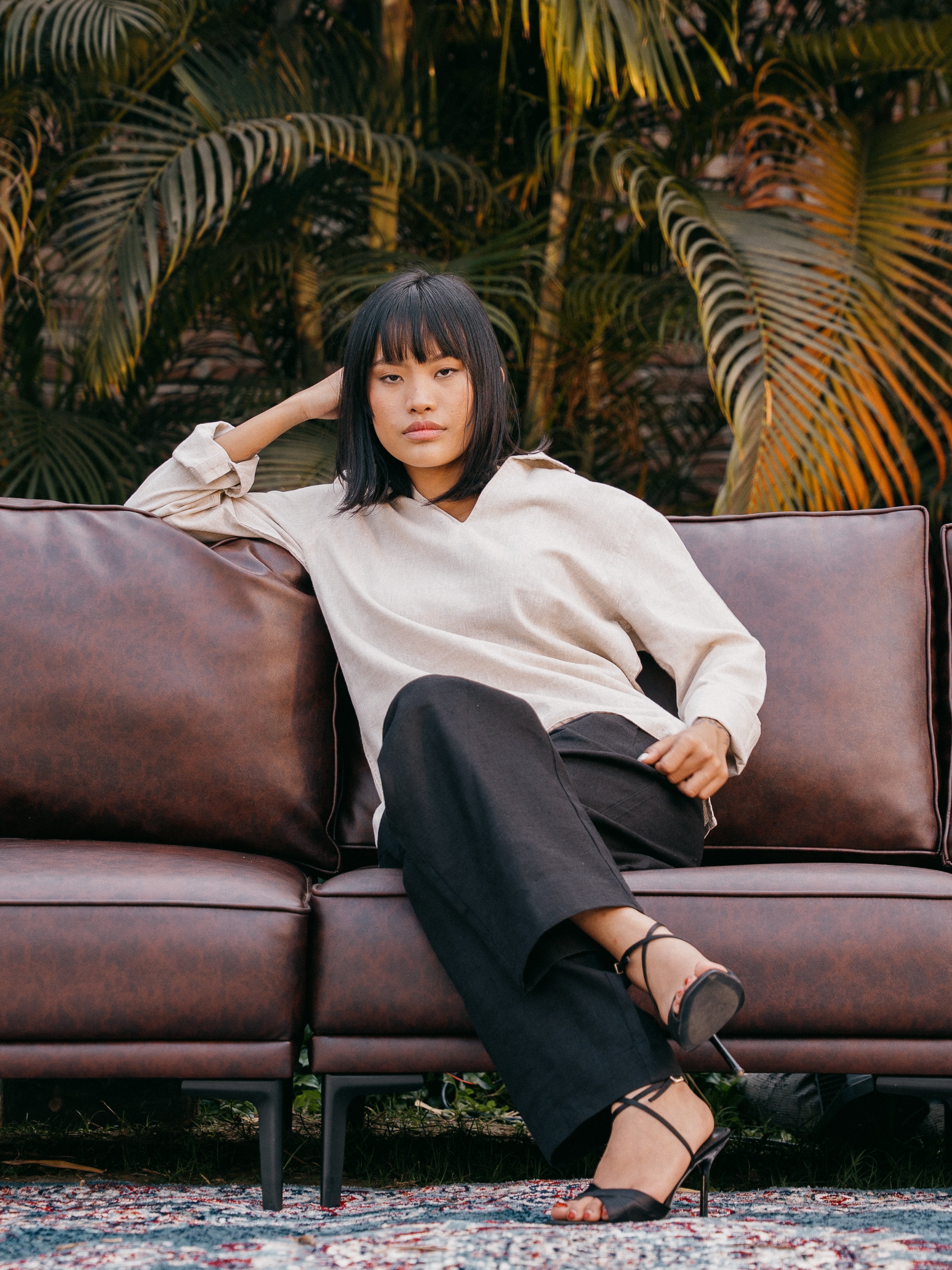 The Amalfi Shirt - Linen Effect V-Placket - Sand