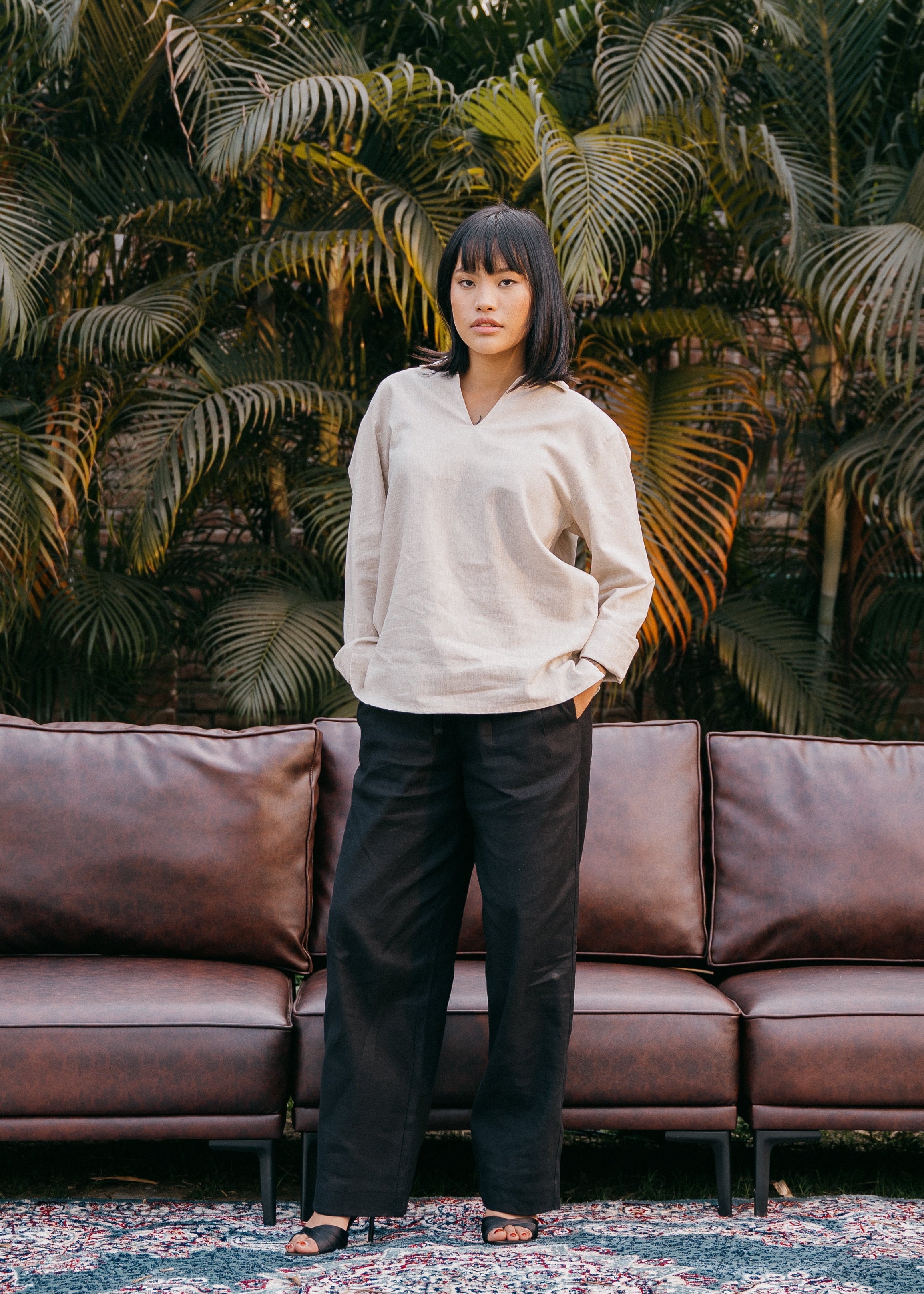 The Amalfi Shirt - Linen Effect V-Placket - Sand