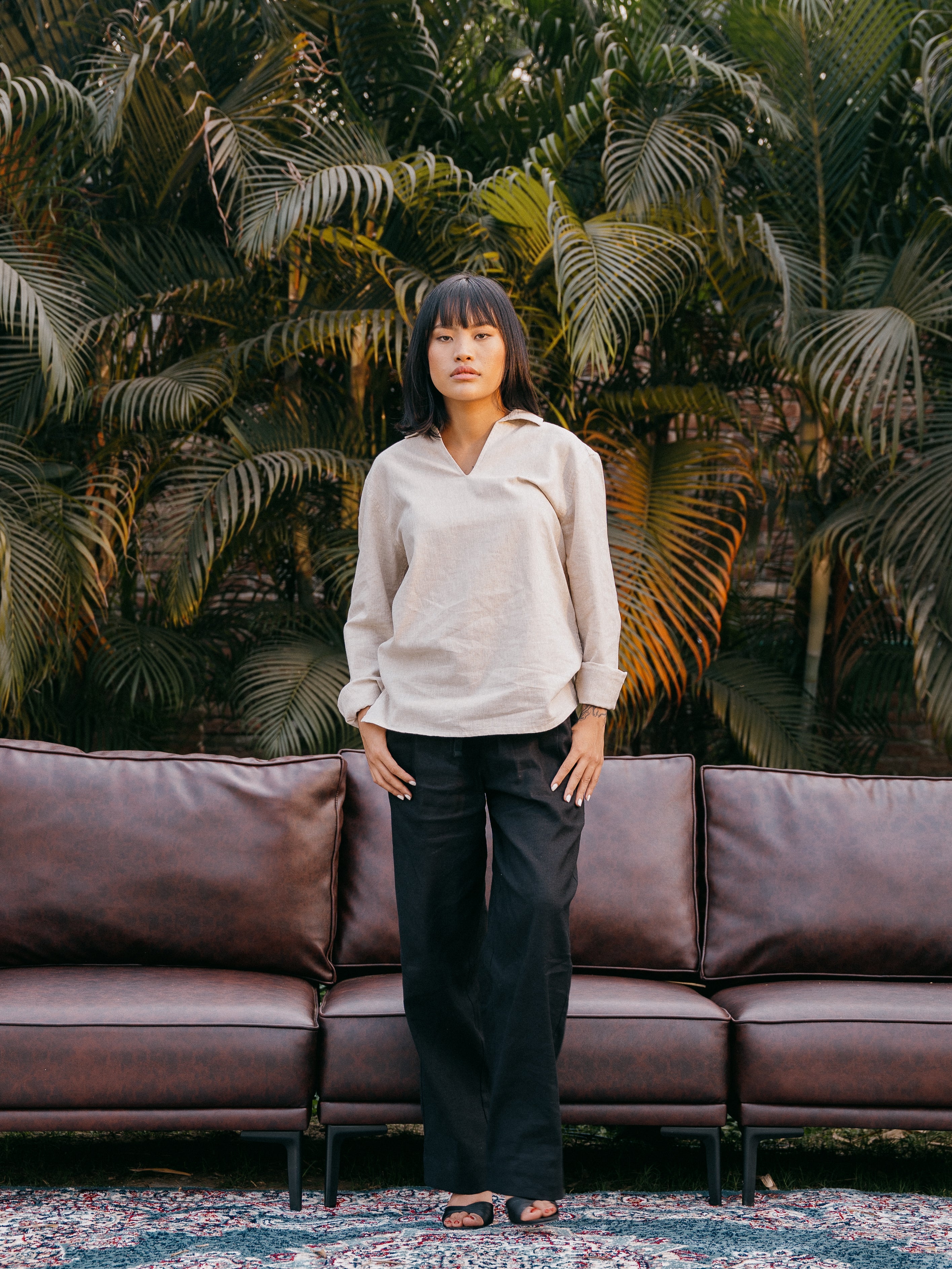 পুরুষদের জন্য লম্বা হাতা শার্ট - জলপাই সাদা স্ট্রাইপ 