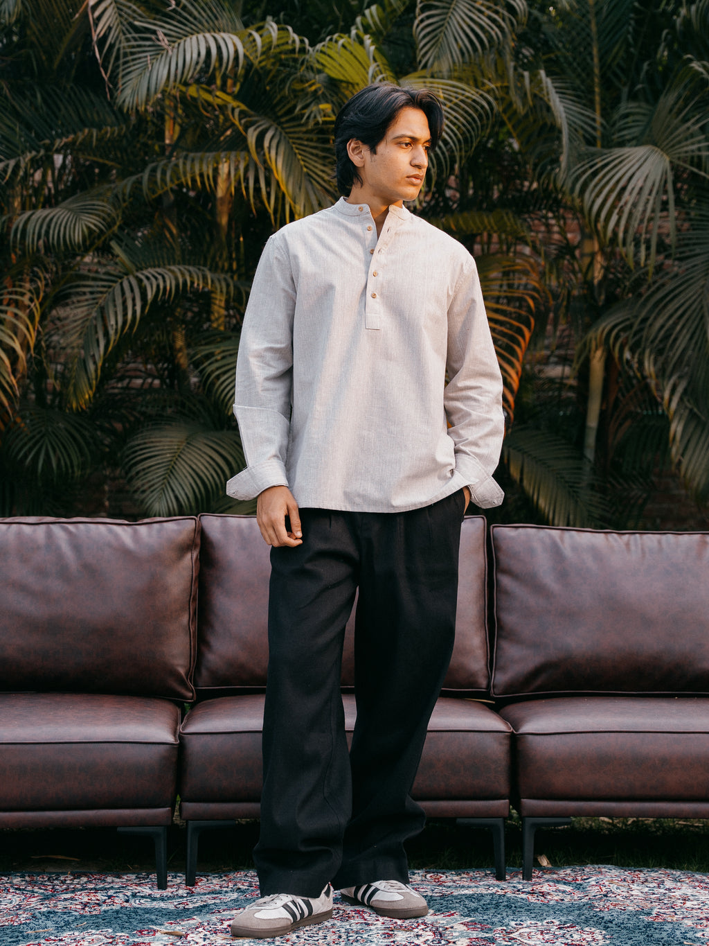 Linen Effect Henley katua For Men - Light Grey