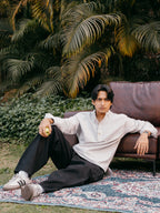 Linen Effect Henley katua For Men - Light Grey