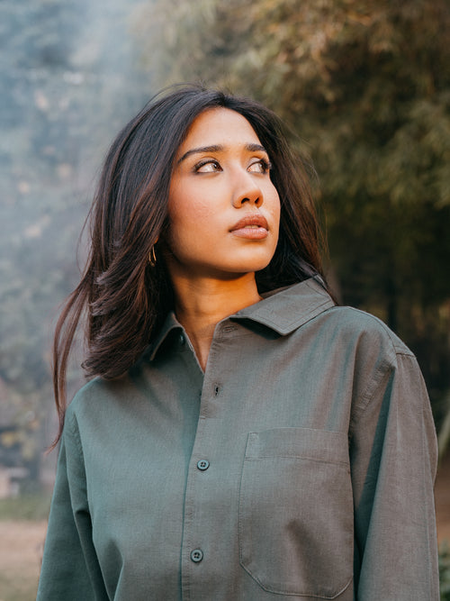 The European Collar - Linen Effect - Long Sleeve Shirt - Light Olive - Unisex