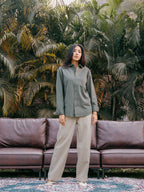 The European Collar - Linen Effect - Long Sleeve Shirt - Light Olive - Unisex