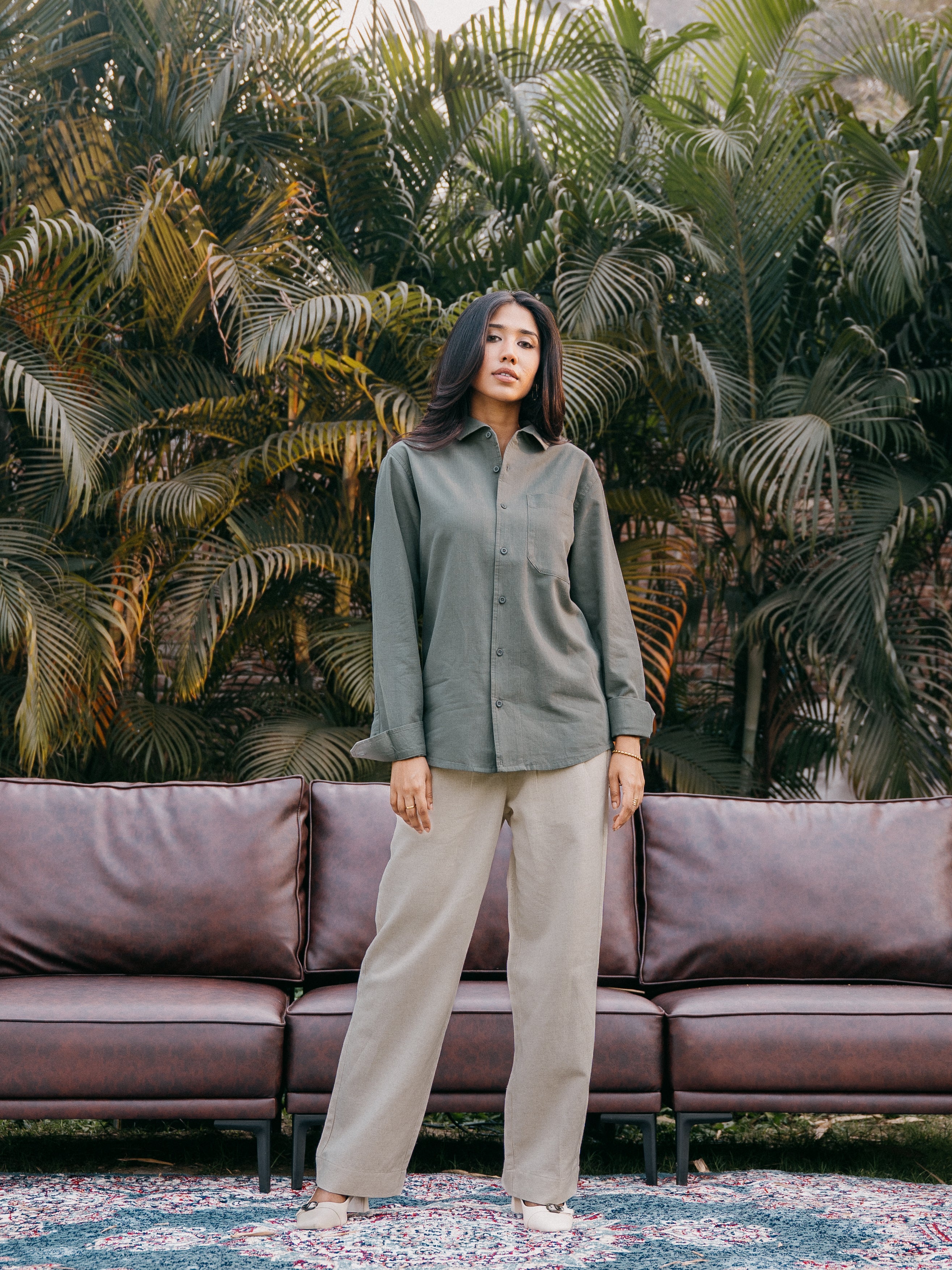 The European Collar - Linen Effect - Long Sleeve Shirt - Light Olive - Unisex