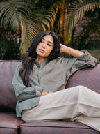 The European Collar - Linen Effect - Long Sleeve Shirt - Light Olive - Unisex