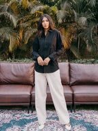 The European Collar - Linen Effect -  Long Sleeve Shirt - Black - Unisex