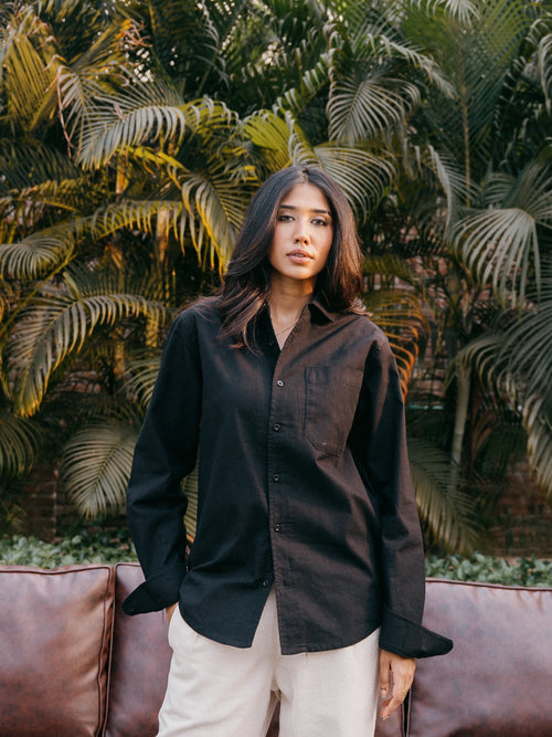 The European Collar - Linen Effect -  Long Sleeve Shirt - Black - Unisex