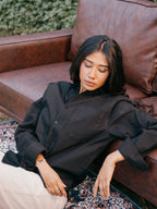 The European Collar - Linen Effect -  Long Sleeve Shirt - Black - Unisex