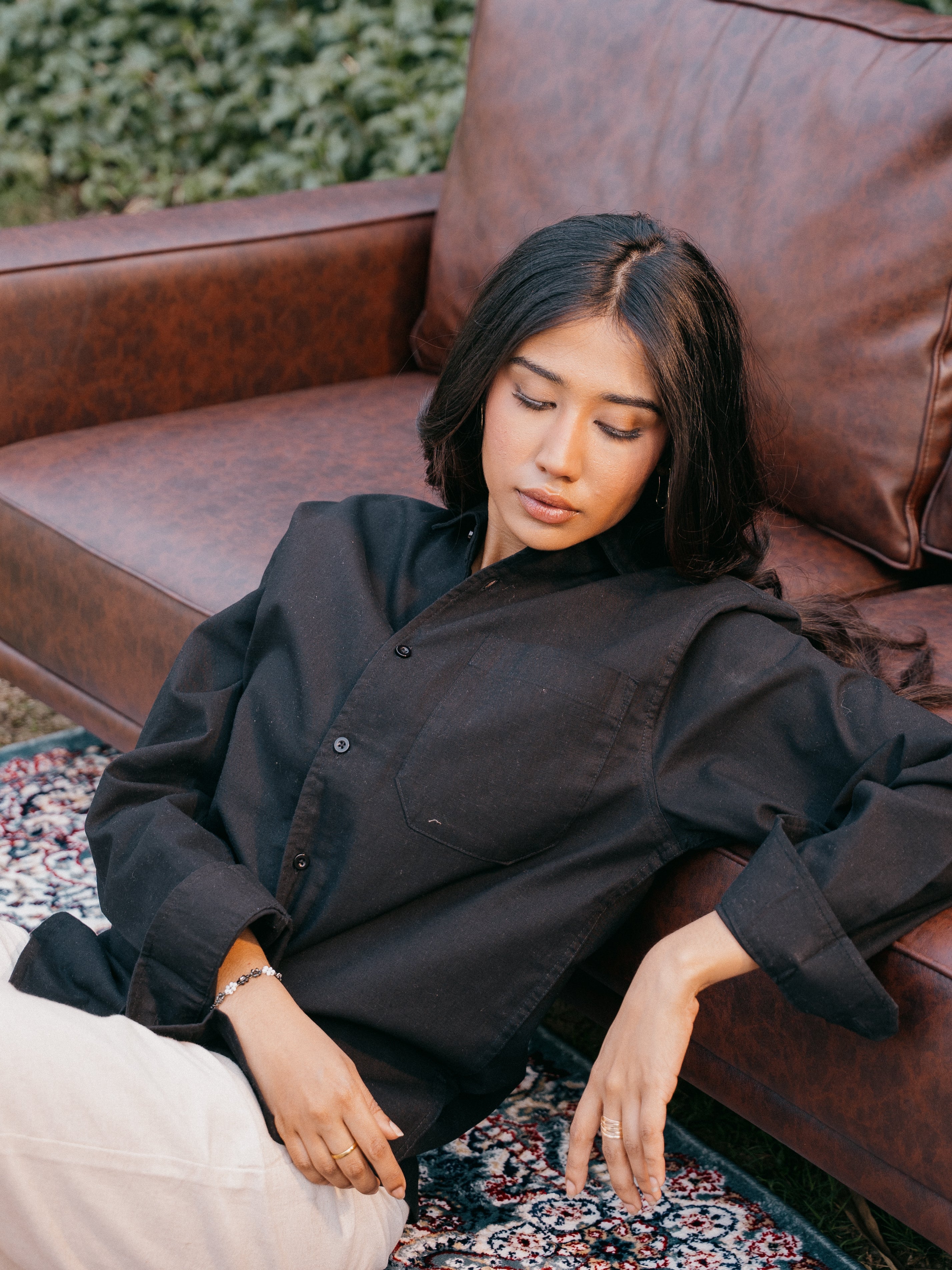 The European Collar - Linen Effect -  Long Sleeve Shirt - Black - Unisex