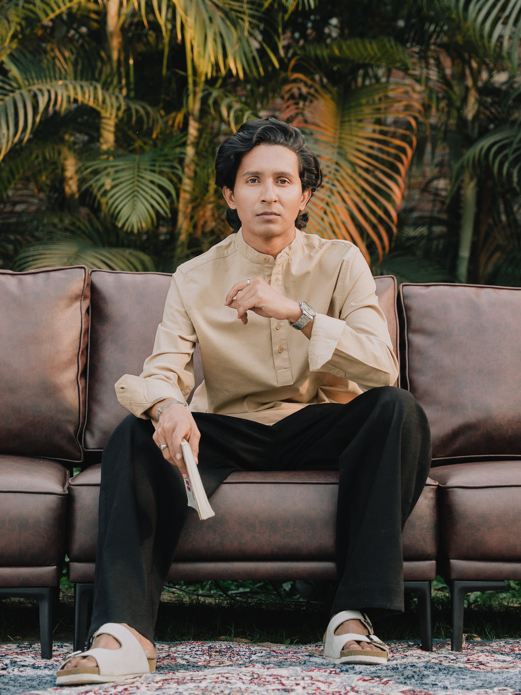 Linen Henley Katua For Men - Beige