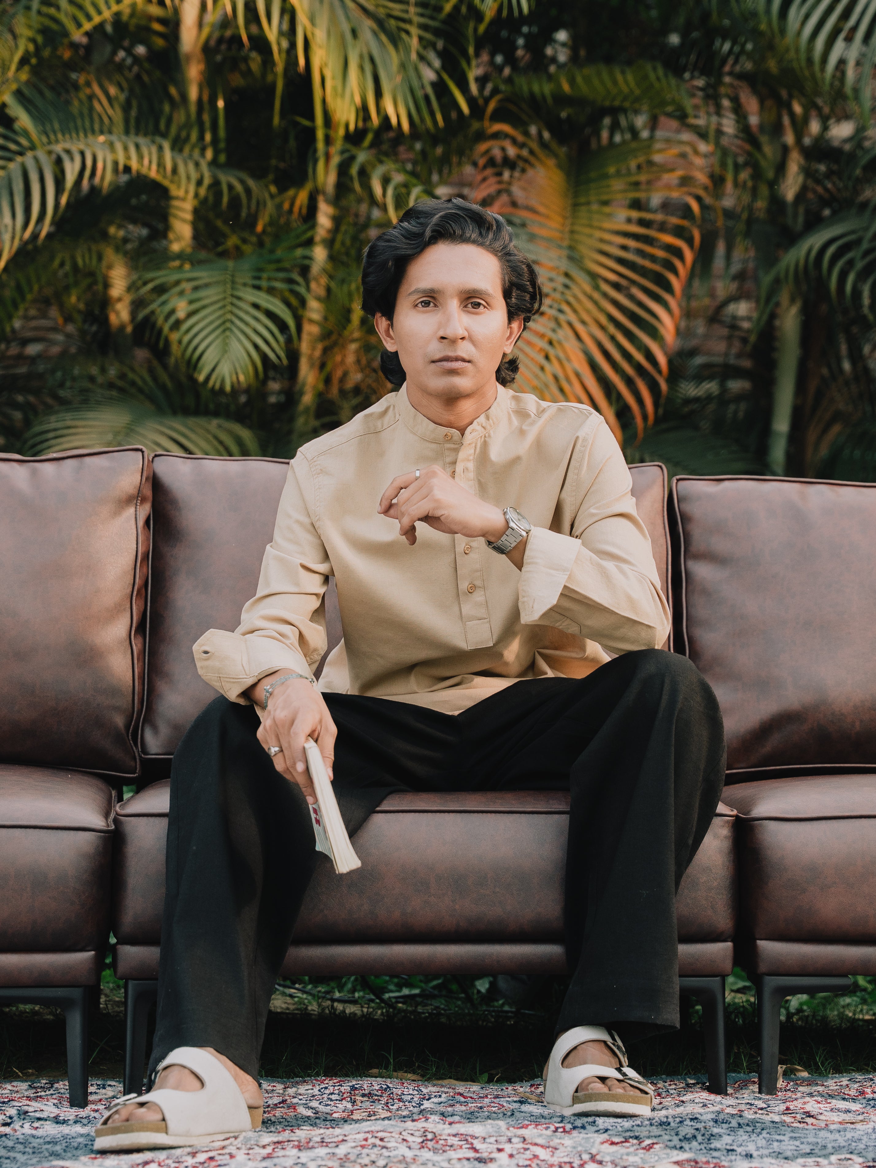 Linen Henley Katua For Men - Beige