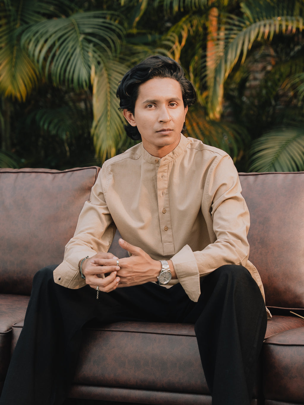 Linen Henley Katua For Men - Beige