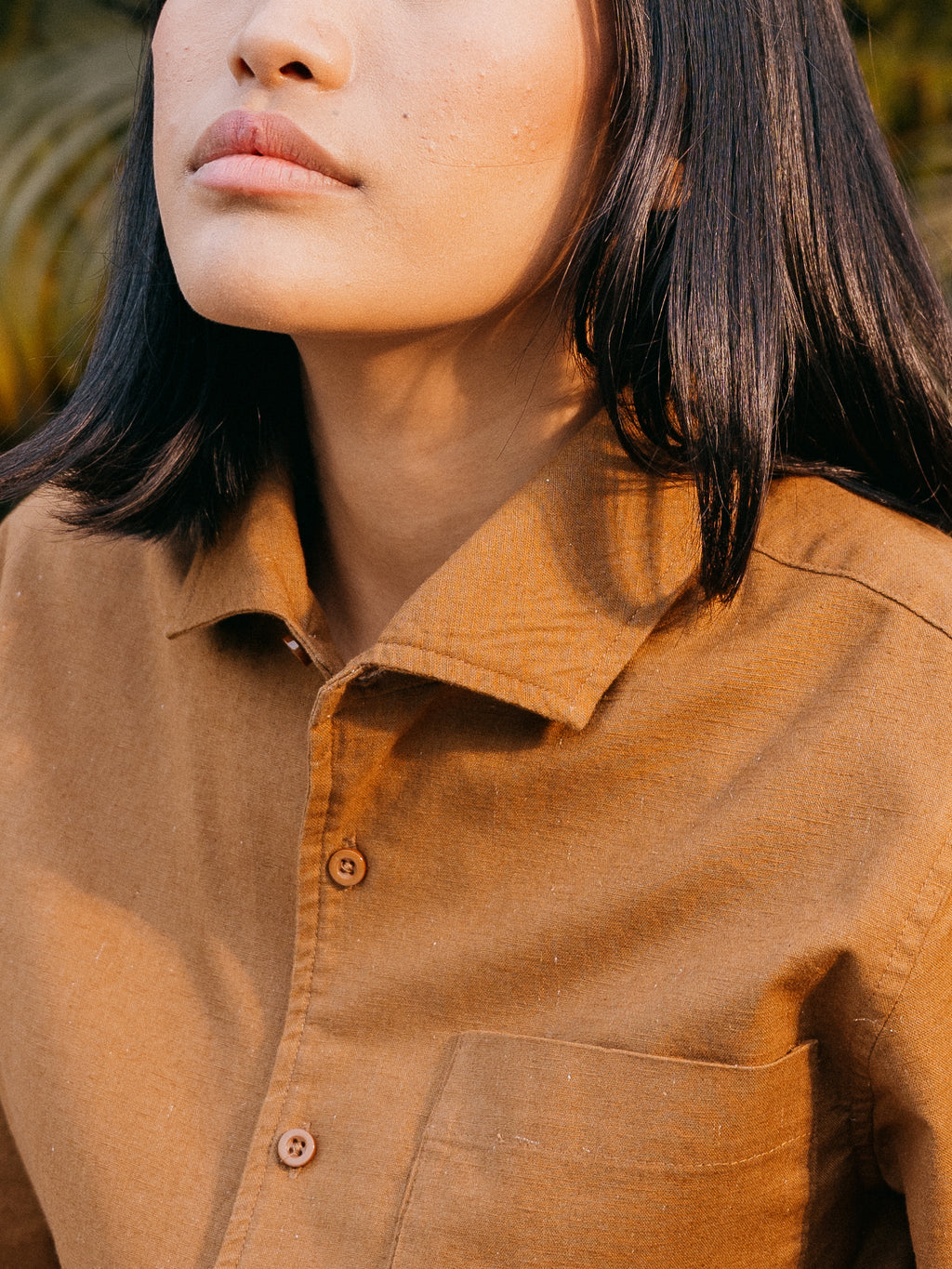 The European Collar - Linen Effect - Long Sleeve Shirt - Warm Brown- Unisex