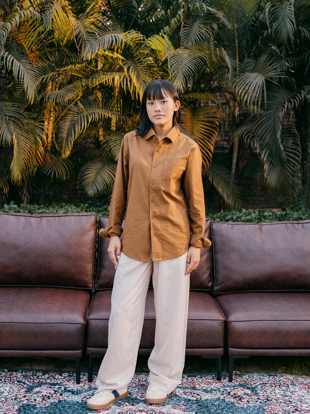 The European Collar - Linen Effect - Long Sleeve Shirt - Warm Brown- Unisex