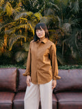 The European Collar - Linen Effect - Long Sleeve Shirt - Warm Brown- Unisex