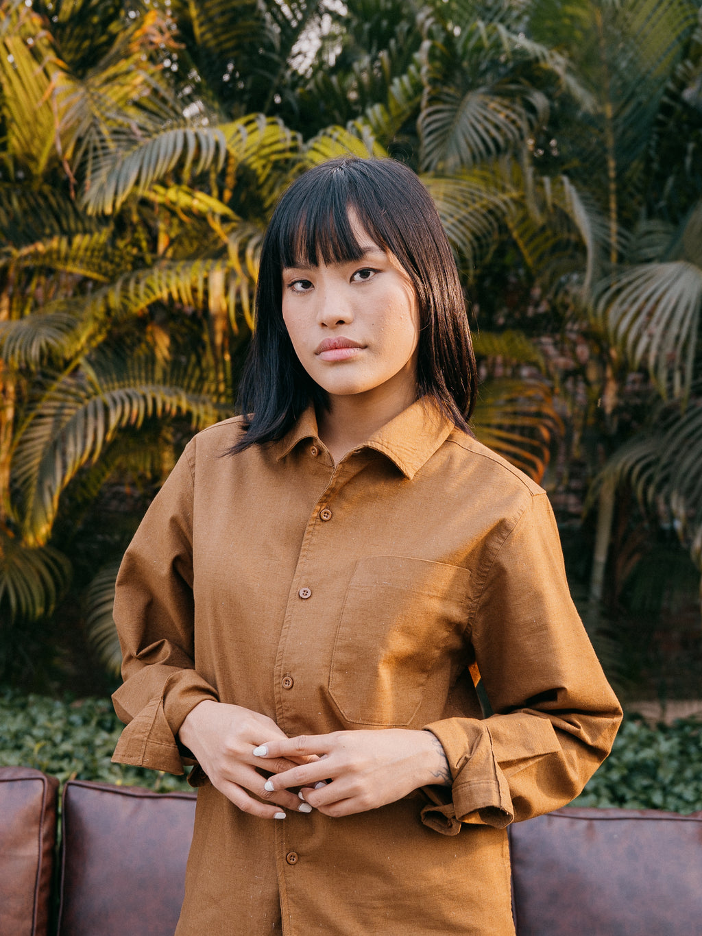 The European Collar - Linen Effect - Long Sleeve Shirt - Warm Brown- Unisex