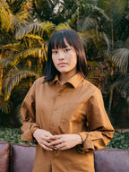 The European Collar - Linen Effect - Long Sleeve Shirt - Warm Brown- Unisex