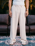 Straight Leg Pleated Linen effect Pants For Men - Sand