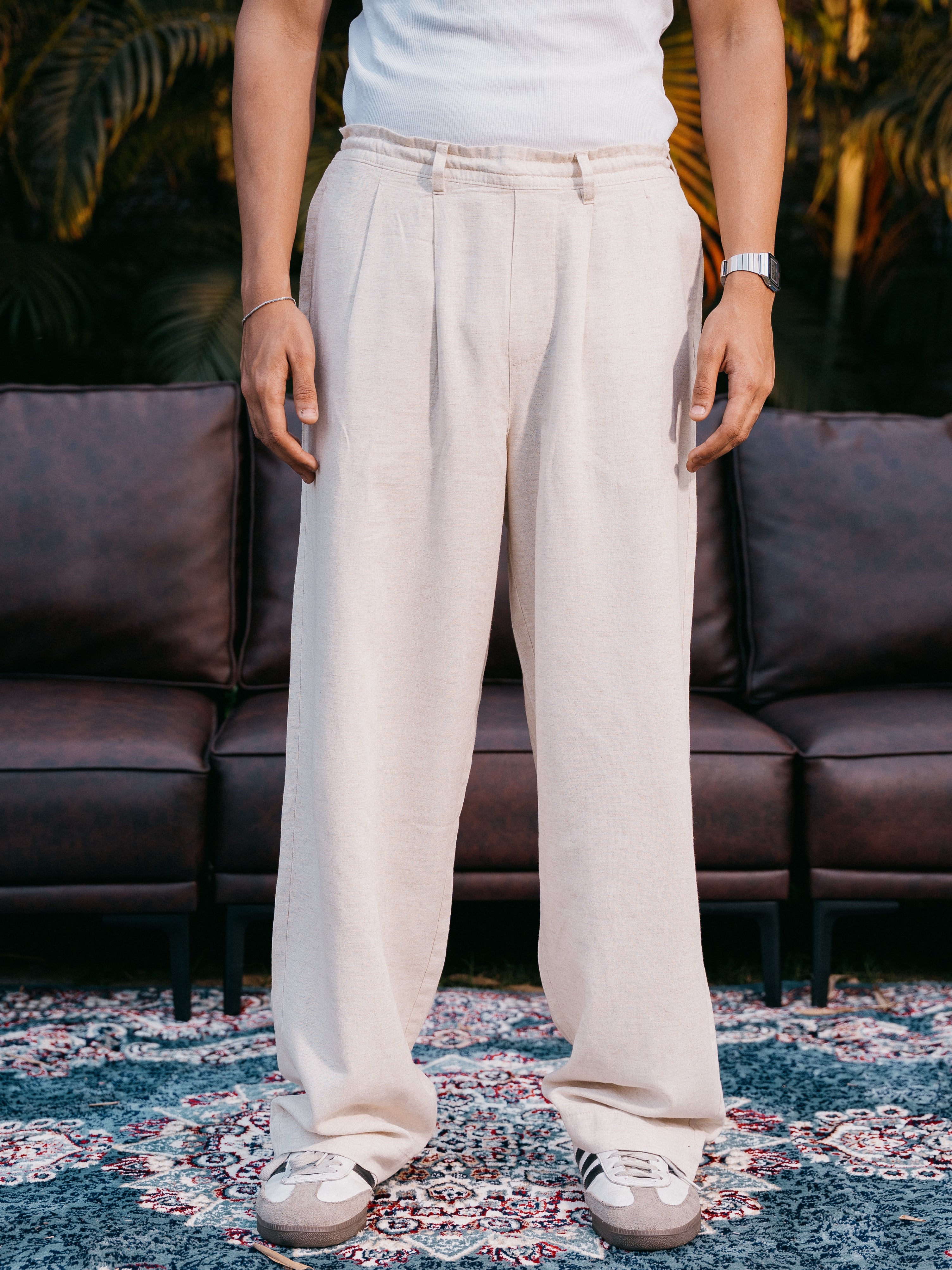 Straight Leg Pleated Linen effect Pants For Men - Sand