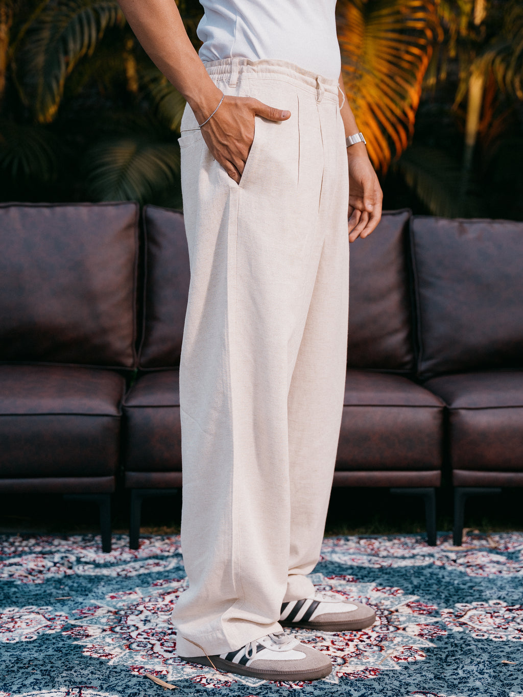 Straight Leg Pleated Linen effect Pants For Men - Sand