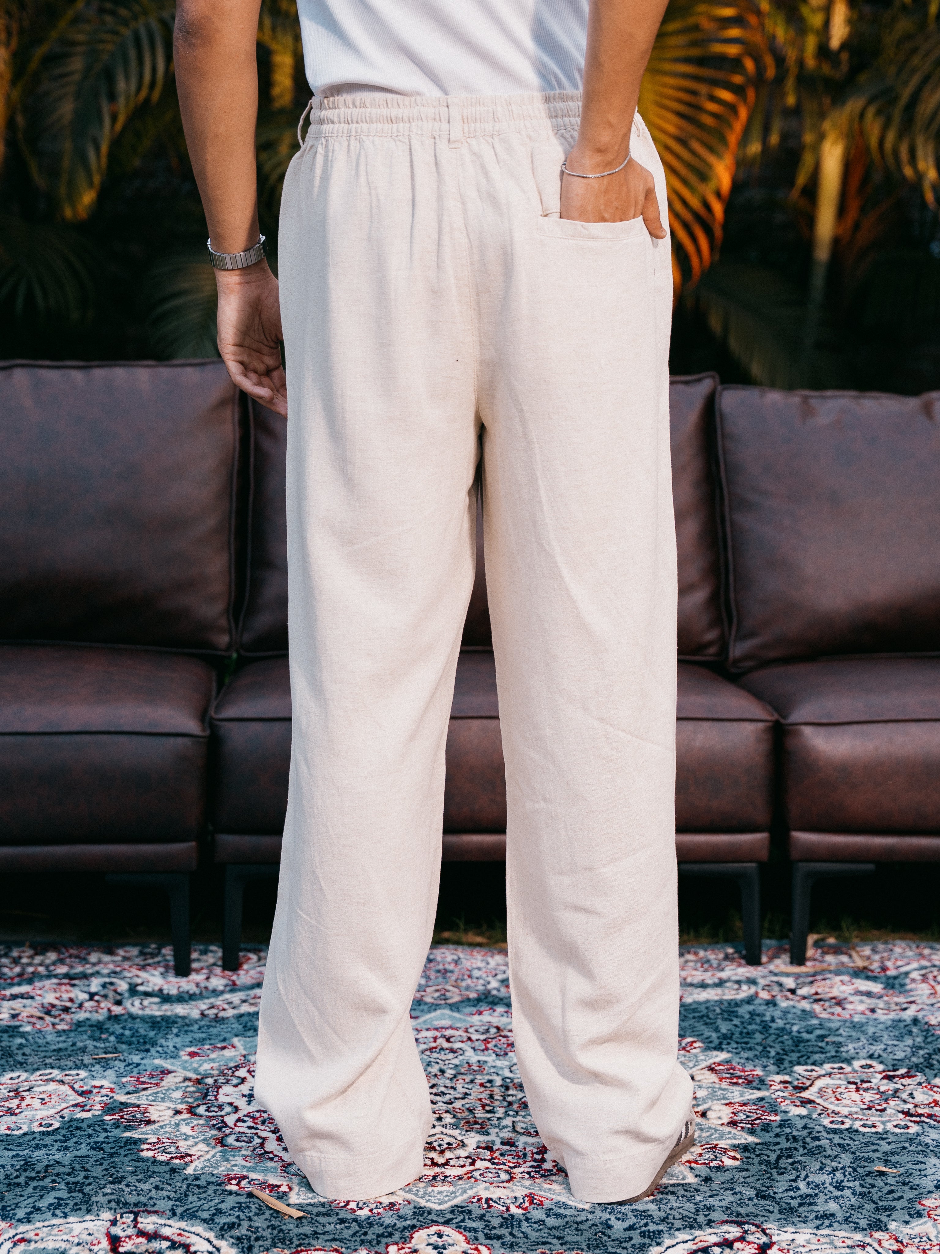 Straight Leg Pleated Linen effect Pants For Men - Sand