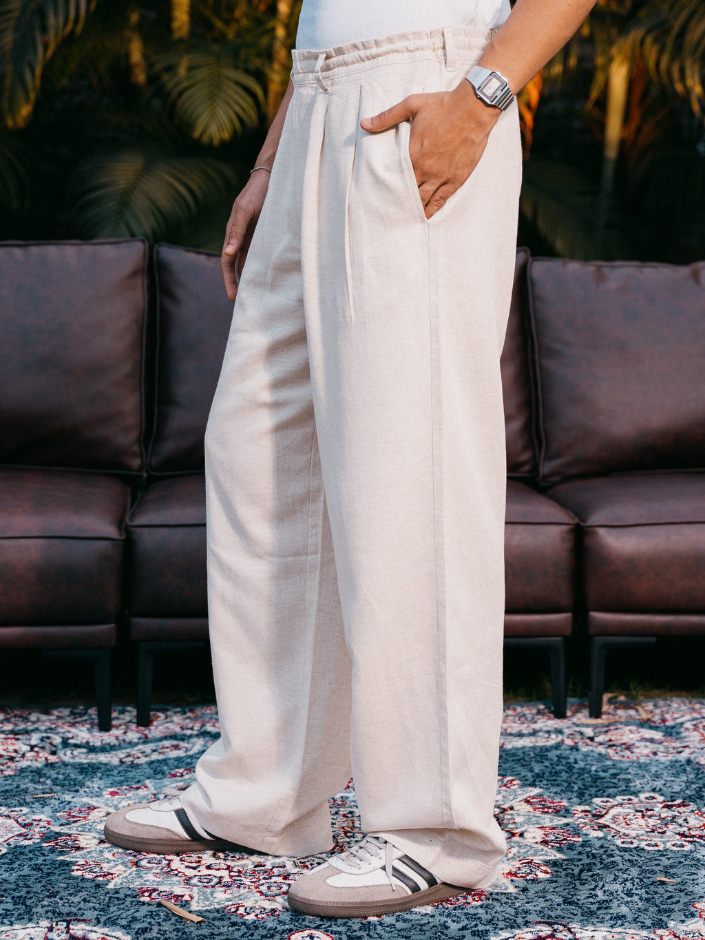 Straight Leg Pleated Linen effect Pants For Men - Sand