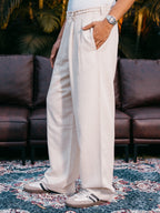 Straight Leg Pleated Linen effect Pants For Men - Sand
